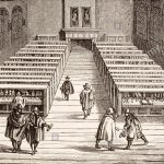 Univerzitní knihovna v Leidenu v roce 1614 (vyobrazení z 19. Století na základě Illustrium Hollandiae et Westfrisiae ordinum alma Academia Leidensis, 1614)